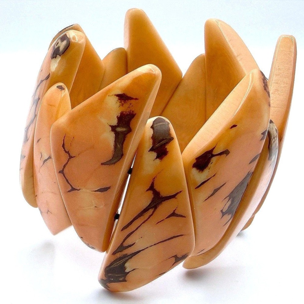 Vintage Tagua Nut Chunky Stretch Bracelet Orange Brown Panel Boho Style Y2K 90s